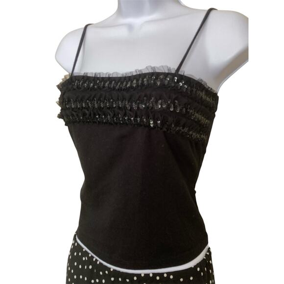 Vintage 90s Y2k Black Square Neck Girly Mesh Ruffle Sequin Cropped Cami S/M - Picture 3 of 5